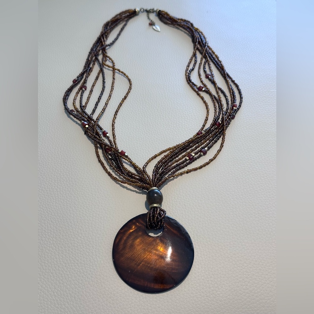 Coldwater Creek Multi-Strand Brown Bead Necklace & Brown Abalone Shell Pendant